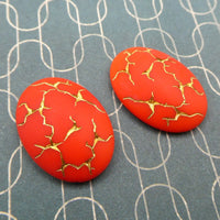 Vintage Czech Glass Oval Flatback Cabochon 25x18mm Orange with Gold Vein - Bead Nerd