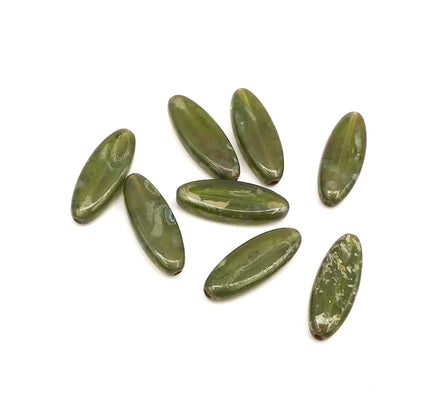 Czech Long Oval Glass Beads 20mm x 8mm Olivine Green with a special silver travertine finish - Bead Nerd