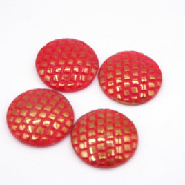 Vintage Czech Glass Checkerboard Round Cabochons 18mm Opaque Red with Gold - Bead Nerd