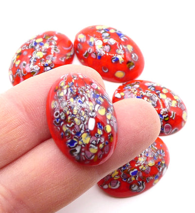Vintage Japanese Glass Oval Cabochon 25x18mm Red Millefiore - Bead Nerd