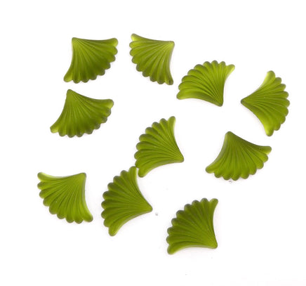 West German Scalloped Fan Glass Flatback Cabochon 20x15mm Matte Olive - Bead Nerd