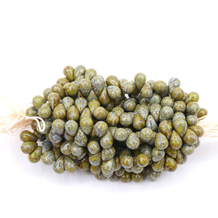 Czech Mini Teardrop Glass Beads with top hole 6x 4mm Opaque Green with Travertine Finish - Bead Nerd