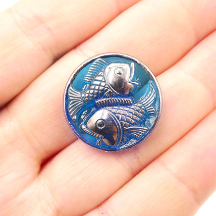 Czech Glass Two Fish Button 23mm Transparent Aqua with Silver - Bead Nerd