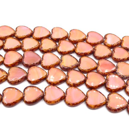 Czech Glass Heart Window Beads 15x15mm Coral Pink Picasso - Bead Nerd