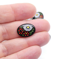 Vintage Japanese Daisy Glass Oval Cabochon 18x13mm Black - Bead Nerd