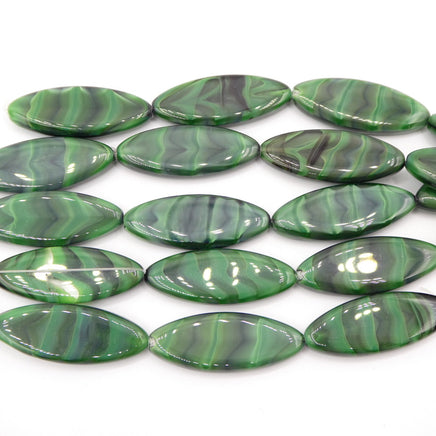 Czech Glass Long Oval Beads 30mm x 12mm Satin Green Mix - Bead Nerd