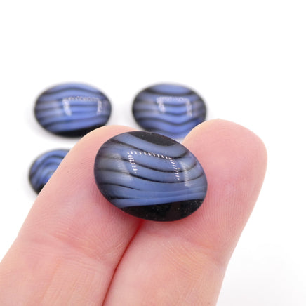 West German Glass Dome Moonglow Oval Cabochons 18x13mm Black & Blue Stripes - Bead Nerd