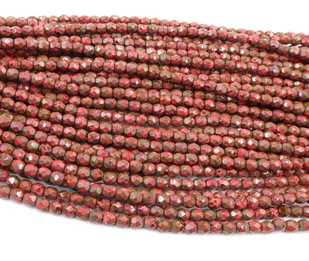 Czech Fire Polished 4mm Glass Beads Red Coral Picasso - Bead Nerd