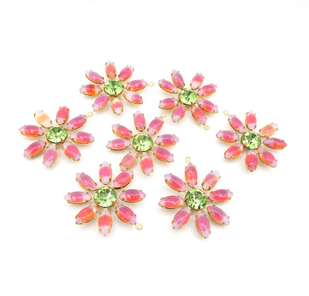 Flower Pendant 30mm with West German Navettes Sabrina Red 10x5mm with Swarovski Peridot Crystal 39ss (8mm) - Bead Nerd
