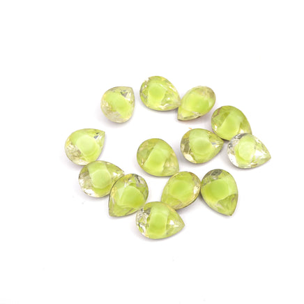 West German Faceted Glass Teardrop Cabochon 14x10mm Green Givre - Bead Nerd