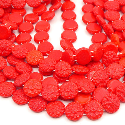 West German 2-hole Floral Glass Beads 14mm Opaque red - Bead Nerd