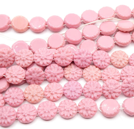 West German 2-hole Floral Glass Beads 14mm Opaque Pink - Bead Nerd