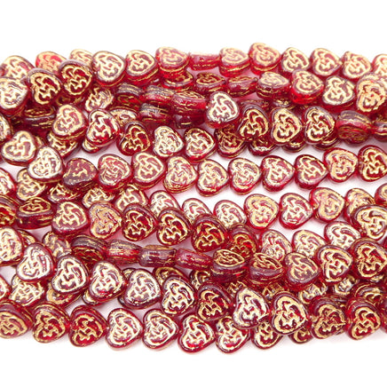Czech Celtic Heart Glass Beads 9mm Ruby with Gold - Bead Nerd