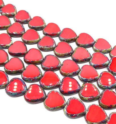 Czech Glass Heart Window Beads 15x15mm Opaque Red Picasso - Bead Nerd