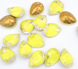 West German Faceted Glass Teardrop Cabochon 14x10mm Yellow Givre - Bead Nerd