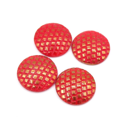 Vintage Czech Glass Checkerboard Round Cabochons 18mm Opaque Red with Gold - Bead Nerd