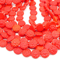 West German 2-hole Floral Glass Beads 14mm Opaque red - Bead Nerd