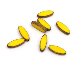Czech Table Cut Long Oval Glass Beads 16x5mm Opaque Yellow with Travertine finish on edges. - Bead Nerd