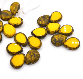 Czech Glass Polished Drops 16x12mm Sunflower Yellow Picasso - Bead Nerd