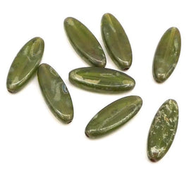 Czech Long Oval Glass Beads 20x8mm Olivine Green with Silver Travertine Finish - Bead Nerd