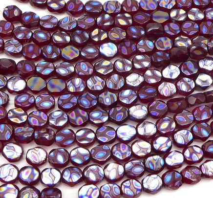 Czech Table Cut Oval Beads 6x5mm Transparent Red with Peacock Finish - Bead Nerd