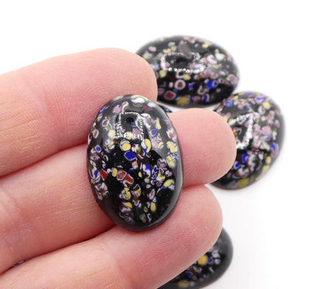 Vintage Japanese Glass Oval Cabochon 25x18mm Black Millefiore - Bead Nerd