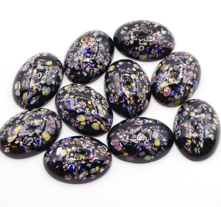 Vintage Japanese Glass Oval Cabochon 25x18mm Black Millefiore - Bead Nerd