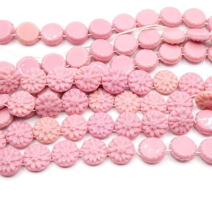 West German 2 - hole Floral Glass Beads 14mm Opaque Pink - Bead Nerd